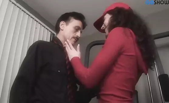 Mustached stud drills her in the gym with passion